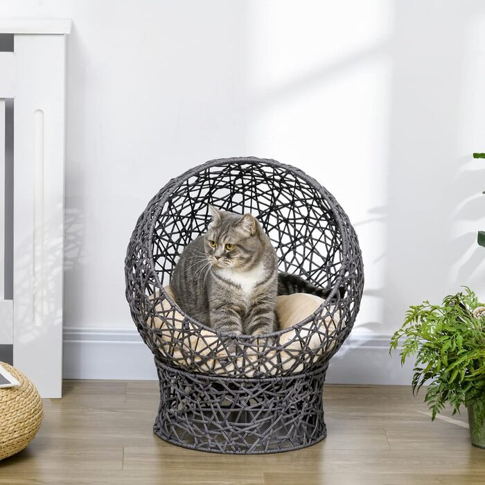 Будиночок для кота PawHut з подушкою, котяча хата з поліестерової мотузки, ліжко для котів з циліндричною основою, фіолетово-кремовий, 50x50x60 см