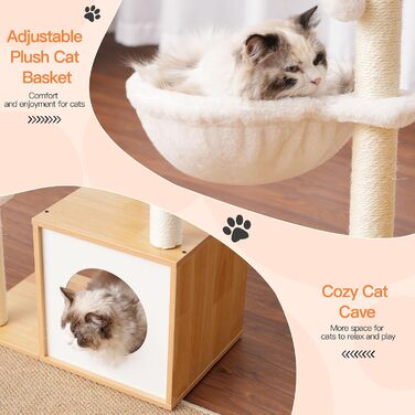 Дерев'яна кігтеточка Heybly HCT007SSR для котів: кігтестоїка-стійка з платформою 30x50 см, будиночком та 2 сизалевими стовпчиками, коричнева