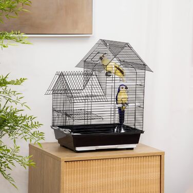 Клітка для птахів PawHut 39x33x47 см, металева, 3 дверцята, 2 годівниці, 2 жердочки, висувний піддон, ручка, для канарейок, чорна