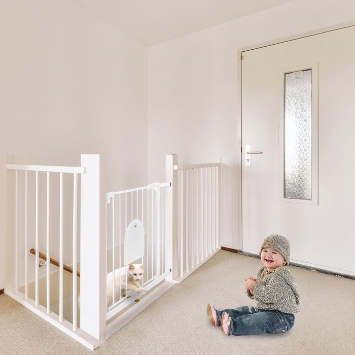 Захисні ворота для дітей та домашніх тварин SUBTLETY з дверцятами для котів, розширювані, без свердління, 85-95 см, білий