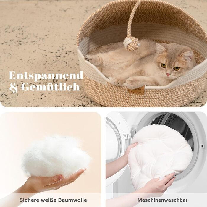 Кошик для котів CheerPals з подушкою, 47 см, бежевий. Плетений з бавовняних мотузок, миється, для сну котів, універсальний, для всіх сезонів