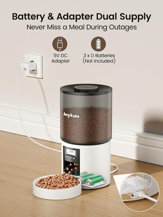 Автоматичний годівниця для котів та собак Anykuu 4L з таймером та контролем порцій. Автоматичний диспенсер для сухого корму з функцією запису (10с) для маленьких та середніх тварин, білий