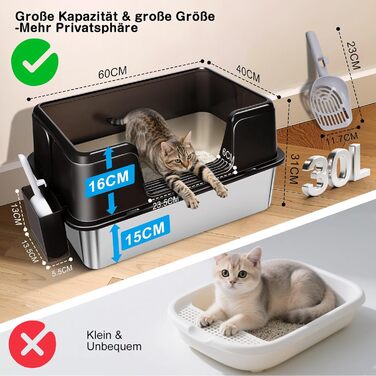Котлочистка для котів Zvonema, нержавіюча сталь, велика, антивитік, з високим бортиком, антиадгезійна, антиковзка, з лотком, 60x40x25 см (чорна)