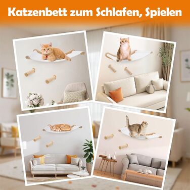 Настінна гамак для котів, комплект для лазіння з масиву дерева з котячою сходинкою - стабільне котяче ліжко, економне місце для сну, лазіння та відпочинку (гамак для котів + 2 сходинки)