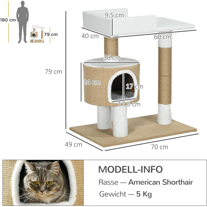 Дерев'яний кігтеточка PawHut для котів з будиночком, лежаком та кріпленням з джуту, до 8 кг, коричнево-білий, імітація кашеміру