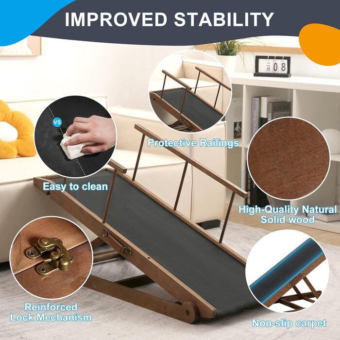 Рампа для собак на ліжко та диван, 5 сходинок, регульована, для маленьких та великих собак (Коричнева, 115 см)