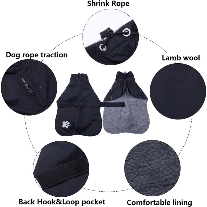 Дощовик для породистих собак Віндхаунд, теплий, чорний, XL/XXL (довжина спини 66-74 см)