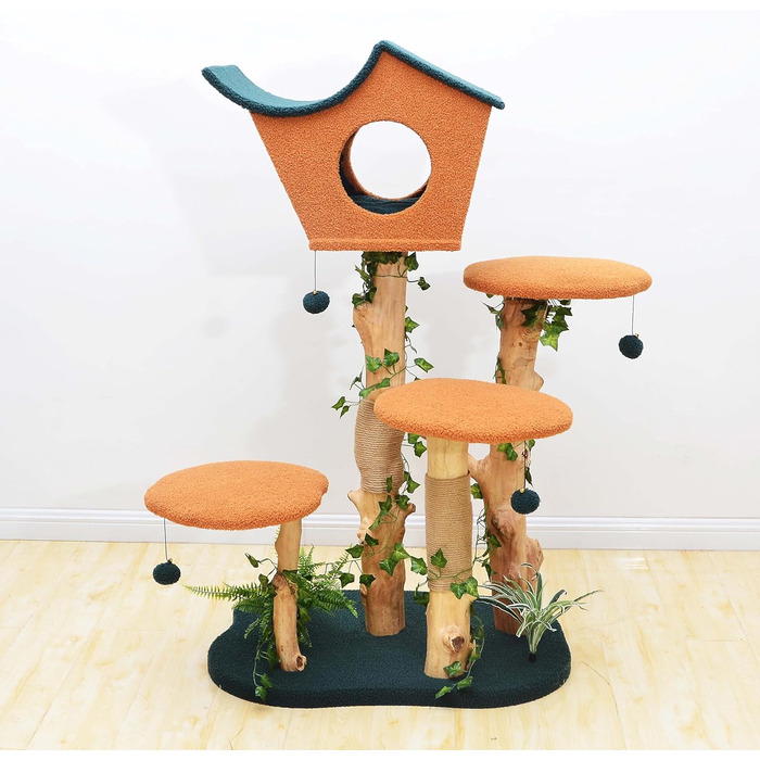 Котячий будиночок з подвір'ям та дряпалкою Fudajo 154 см, з м'яким хутром та деревом, з іграшками