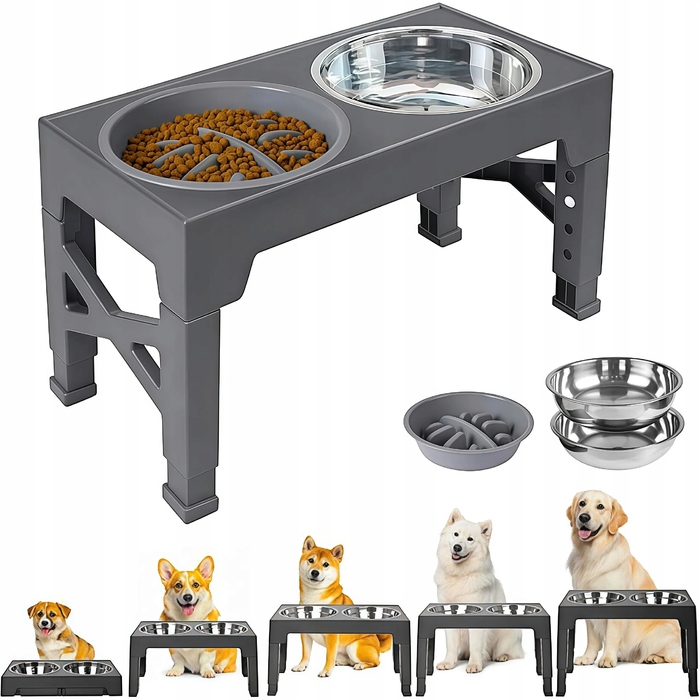 Подвійна металева миска для собак на регульованій підставці 2в1 (захист від розбризкування)
