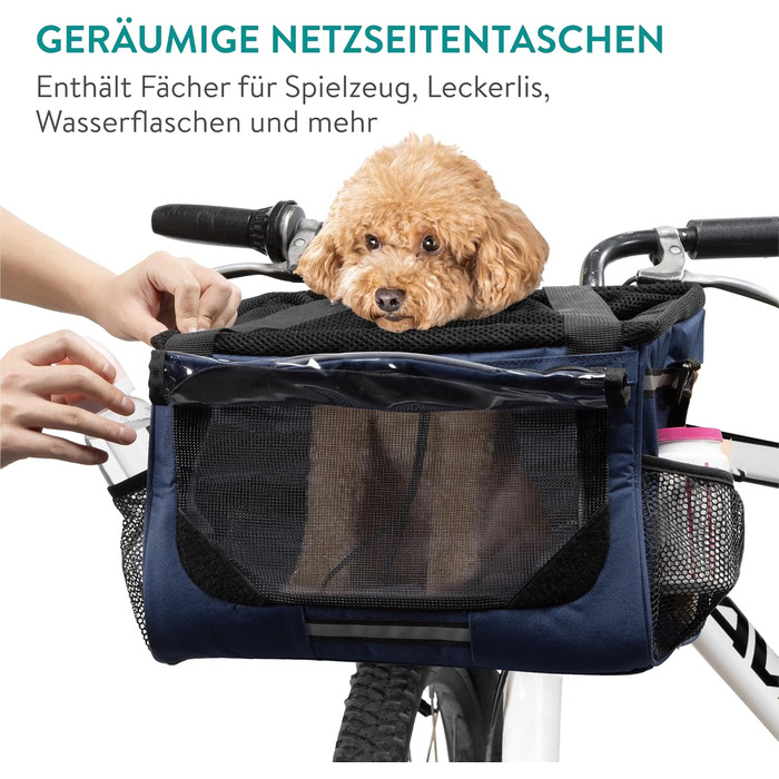 Корзина для собак Navaris на велосипед - перевезення собак до 10 кг, з додатковими кишенями, блакитна