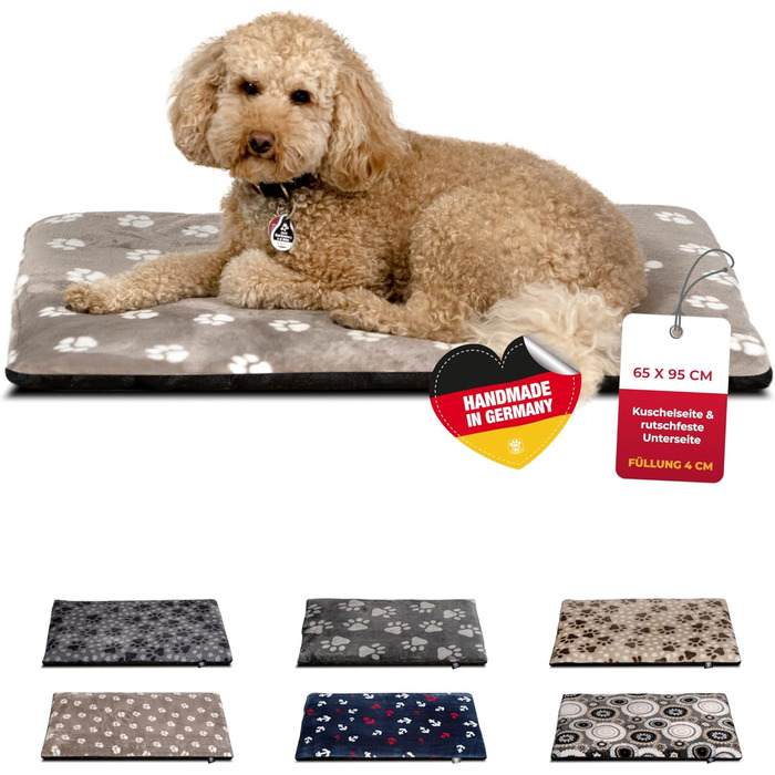 Лежанка для собак HS-Hundebett® XS (45x65 см) – неслизька та затишна, з наповнювачем 3 см – ідеальна для дивану, авто та переноски – Made in DE (65 x 95 см, Tatze Beige)