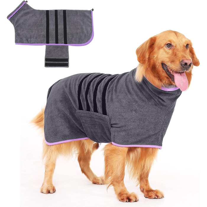 Рушник для собак PETCUTE з мікрофібри з клямками, супер вбираючий та швидковисихаючий, для середніх та великих собак, можна прати в пральній машині, (3XL, Темно-сірий)