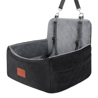 Автокрісло для собак маленьких порід, переносна лежанка для собак з memory foam, знімний та пральний чохол, автокрісло для собак з 3-точковими ременями безпеки (Чорний/Сірий, Маленький)