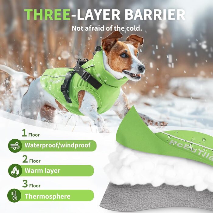 Водонепроникний теплий зимовий одяг для собак - куртка-комбінезон для маленьких собак, з отвором для повідка, відбиваючий, зелений
