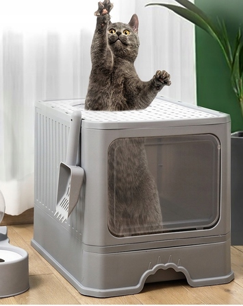 Закритий лоток-туалет для котів, сірий, з ручкою та висувною шухлядою, 50 x 40 x 38 см
