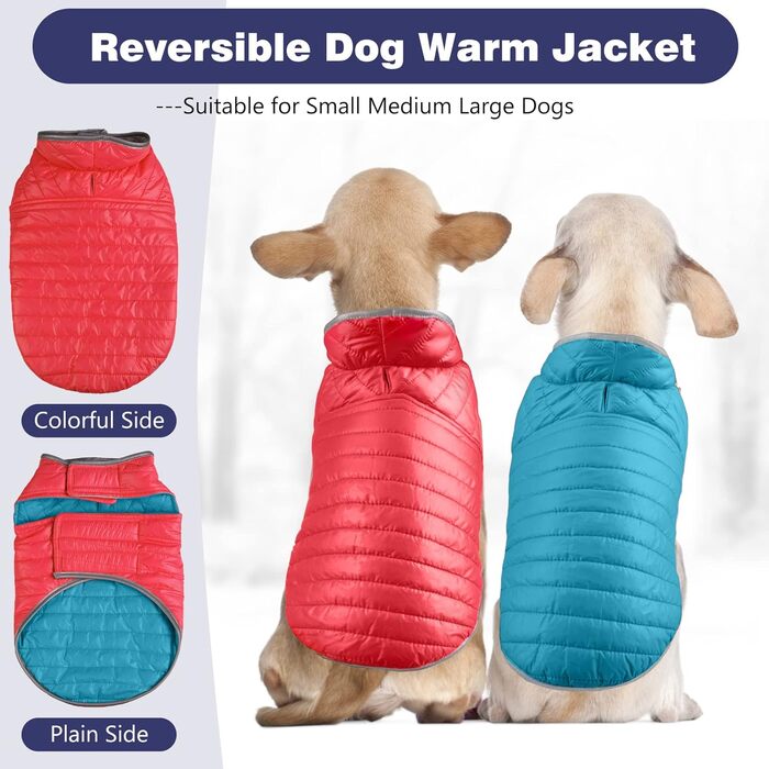 PETCUTE Змінна куртка для собак, тепла зимова куртка-жилетка для цуценят, водонепроникний одяг для домашніх тварин, регульована водонепроникна куртка для собак, з отвором для повірця, ідеальна для зими (2XL, Червоний+Синій)