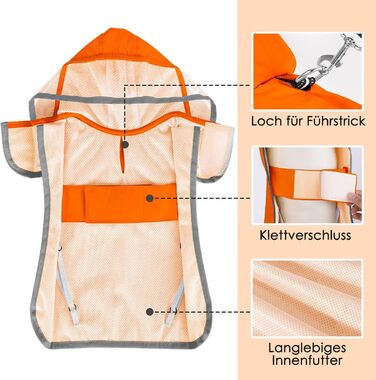 Водонепроникна дощовик для собак SowTon з капюшоном, для малих, середніх та великих собак, з світловідбиваючими смугами та сумкою для зберігання (M, Оранжевий)