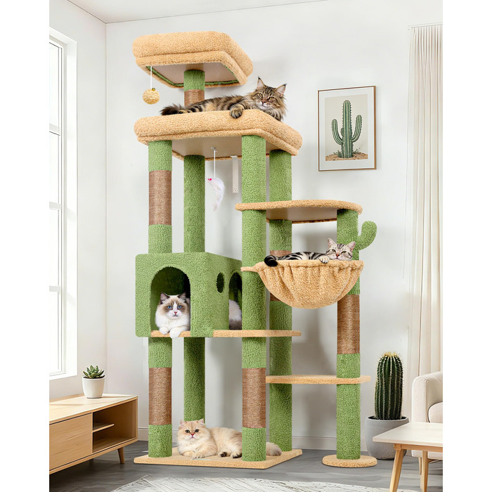 Драбина-будинок для котів Globlazer XL, 167 см, зелена, з платформами, корзиною та іграшками. Стабільна для 2-4 котів.