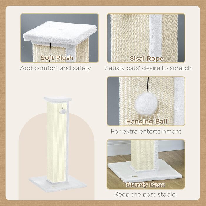 Кігтеточка PawHut для котів, 81 см, з натурального сизалю, м'який плюш, кулька, білий колір, 41 x 41 x 81 см
