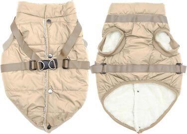 Тепла куртка для собак середнього розміру, XL, Khaki, з інтегрованим шлейкою, флісова підкладка, для зими, вітронепроникна