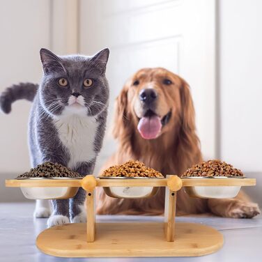 Підвищений годівниця для котів Katzennapf з 3 мисками з нержавіючої сталі, регульована висота, дерев'яний підставник, ергономічна станція для годування, миска для води для котів та маленьких собак