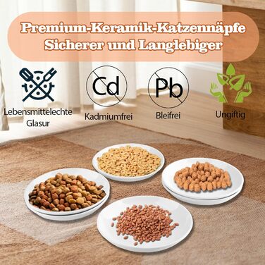 Набір мисок для котів CROUTE 6 шт. з кераміки - широкі миски для котів, анти-високочування, білий колір, з принтом лапки