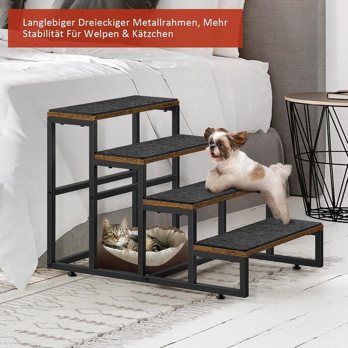Смусей Сходинки для домашніх тварин: собачі та котячі, 4 сходинки, стабільна конструкція з дерева та металу, протиковзке покриття, для диванів, ліжок, балконів, 60x40x43 см, коричневий