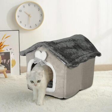Складаний котячий будиночок-ліжко з м'якою подушкою, котяча хатка для дому, затишна печера для котів і кошенят, розмір 46×36×40 см, коричневий