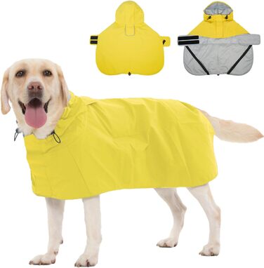 Водонепроникний дощовик для собак з капюшоном, світловідбиваючі елементи, регульований, тепла куртка для собак з петлями для ніг та отвором для повідка, для малих, середніх та великих собак (XL, жовтий)