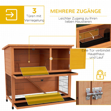 PawHut Wood Rabbit Hutch 2-поверхова будиночок для дрібних тварин з піддонами та пандусом, відкритий вольєр, асфальтовий дах для 2 кроликів Помаранчевий