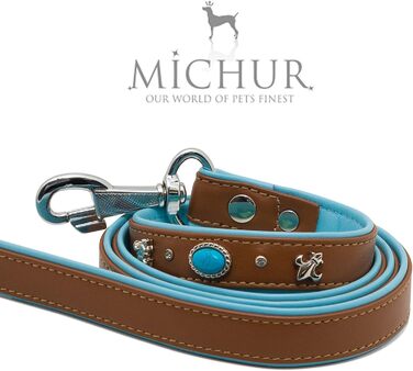 Повідок для собак MICHUR Nizza Lagune, шкіряний, коричнево-синій, з ліліями, стразами та великим кристалом, підходить до нашийника Nizza