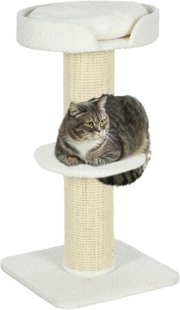Кігтеточка для котів PawHut, 91 см, з лежаком, ігровою платформою та стовпчиком, для котів до 5 кг, сизаль і штучна овеча шерсть, кремово-біла