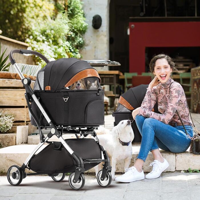 Візок для собак 3 в 1, до 15 кг, чорний. Складаний візок для собак і котів з сумкою-переноскою та дощовиком