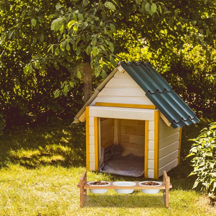 Підставка для годування собак Relaxdays, регульована висота, 3 миски по 200 мл, бамбук і кераміка, натуральний/білий