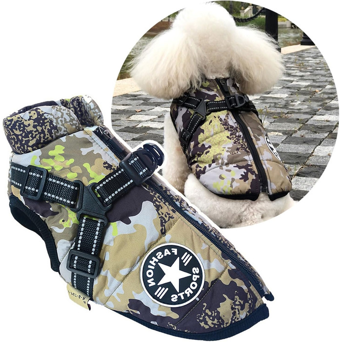 Зимовий одяг для собак: тепла куртка з шлейкою, камуфляж (XL, 4-7 кг)