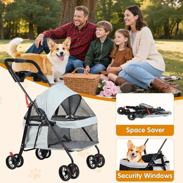 Візок для тварин: для собак та котів, складання, 4 колеса, сірий