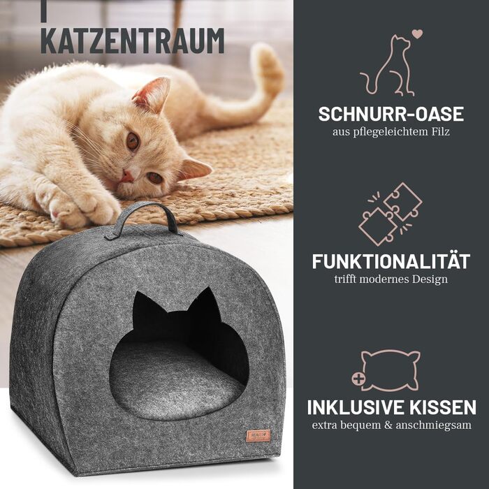 М'яке ліжко для котів ReaVET - зручне гніздище з подушкою | Місце для сну кота з подушками | Дуже м'яке та пухнасте | Ліжко для домашніх тварин з повсті для котів (Шнур-Оазис)