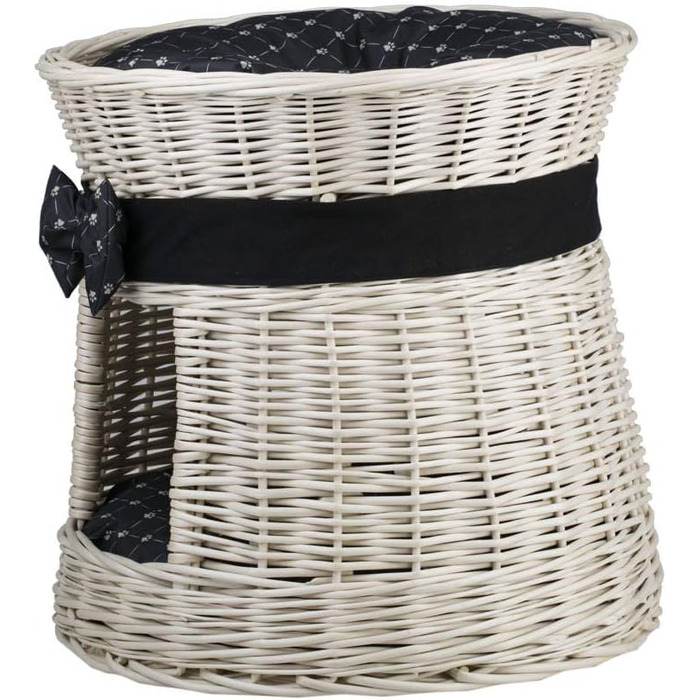 Кругла котяча хатинка e-wicker24 з плетеної лози, двоярусна, з подушкою та стрічкою, котячий оазис (кремовий/чорний)