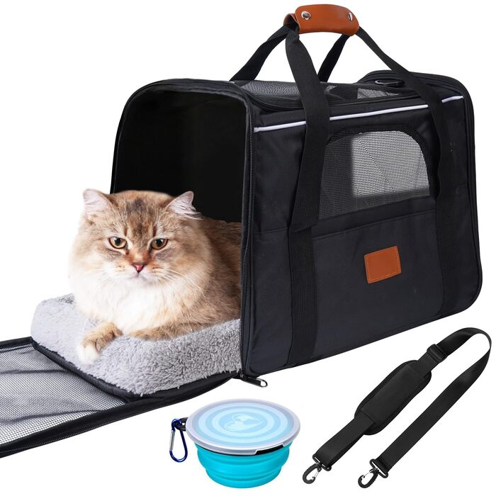Транспортна переноска для котів, переноска для котів з безпечними блискавками, миска, змінне подушечка, переноски для котів та цуценят вагою до 7 кг