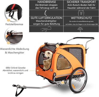 Трансформер для собак XL: велосипедний/біговий, 2-в-1, з гальмом та світловідбивачами, 600D Oxford, до 40 кг (Помаранчевий)