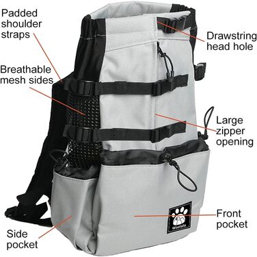 Рюкзак-переноска для собак, 1–25 кг, сірий XL. Зі шнурком, отвором для голови, вентиляцією. Для маленьких та середніх собак. Безпечний, комфортний, легкий.