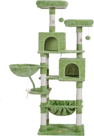Котячий будинок Heybly 177,8 см з іграшками, м'якою плюшевою полицею, гамаком і сизалевими стовпами для домашніх котів, зелений
