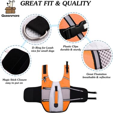 Жилет для плавання собак Queenmore, регульований, високопомітний, з рятувальним гачком, з кільцем для повідка (Помаранчевий, M)