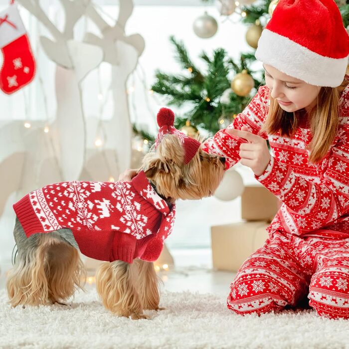 Новорічний светр для собак PETCARE з шапкою та шарфом, червоний зі сніжинками, костюм для цуценят, розмір L