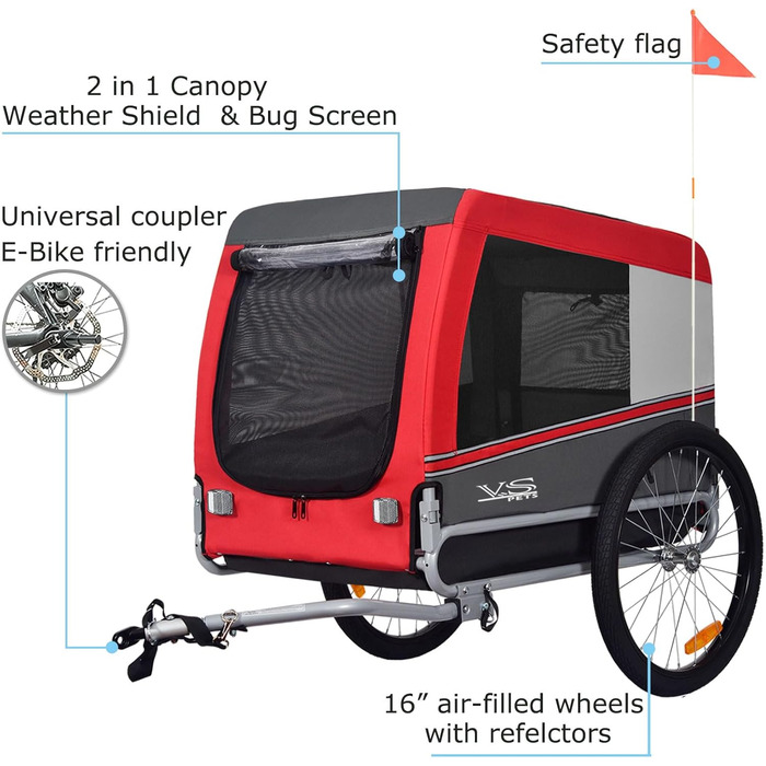 Тігго VS Pets L: велопричіп для собак великого розміру, 270 л, до 35 кг, червоний