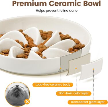 PETTOM Миска для котів протиковзаюча, піднята, керамічна, для повільного годування, біла. Підходить для котів та маленьких собак.