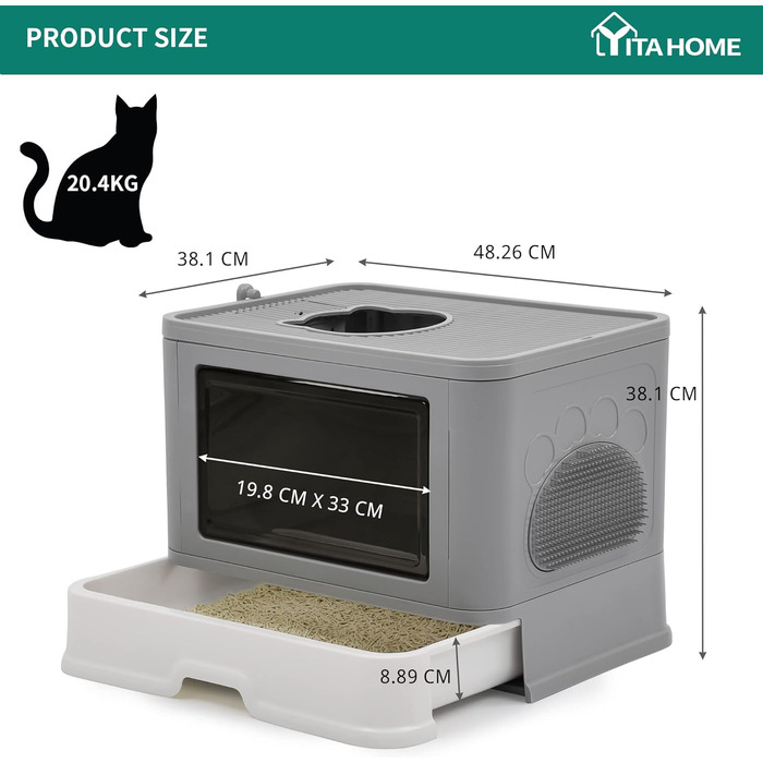 YITAHOME туалет для котів з кришкою, великий лоток для котів Hop In, без запаху, з совком для наповнювача, легке очищення, сірий