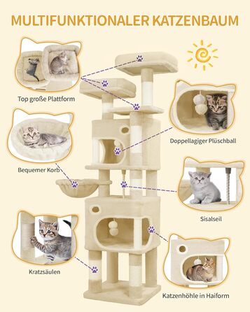 Драбина-кіготь для котів Hzuaneri, 159 см, з 8 стовпчиками, 3 платформами, 2 хованками, кошиком, плюшевими кульками та мотузкою з сизалю. Підходить для котів різних розмірів. MS15918LG (Бежевий)