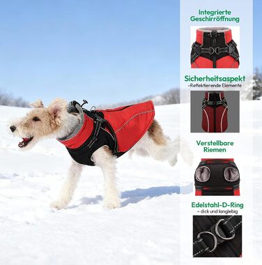 Водонепроникний зимовий одяг для собак великих порід, з кріпленням для повідка, флісова підкладка, світловідбиваючі елементи (XXL), червоний