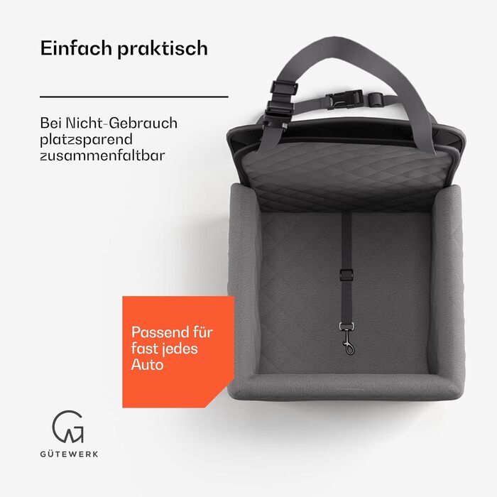 Автокрісло для собак середніх та маленьких порід Gütewerk, стабільне, з безпечною шлейкою, для переднього сидіння, темно-сіре